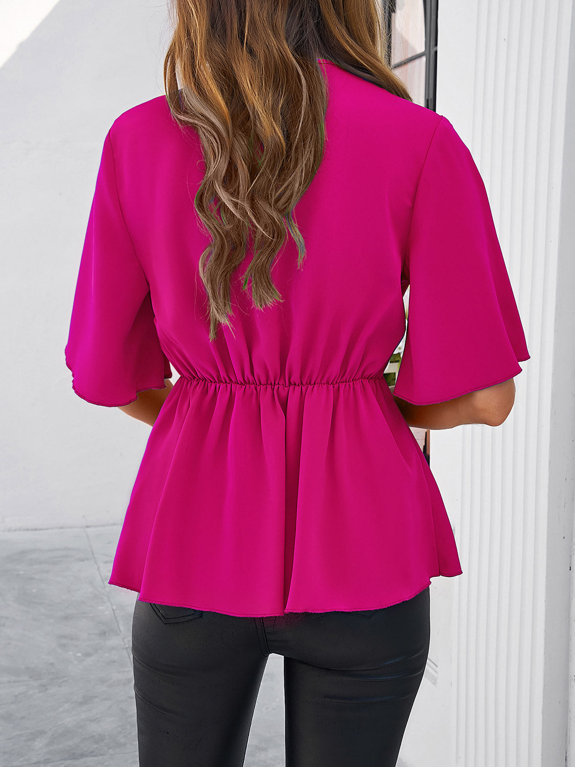 Devine Surplice Tie Waist Half Sleeve Blouse