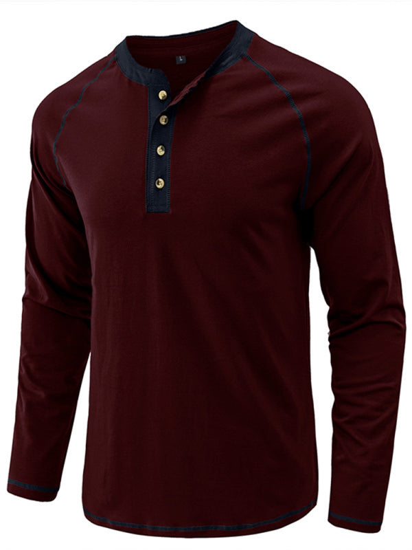 Men's T-Shirt Solid Color Button Colorblock Long Sleeve Top