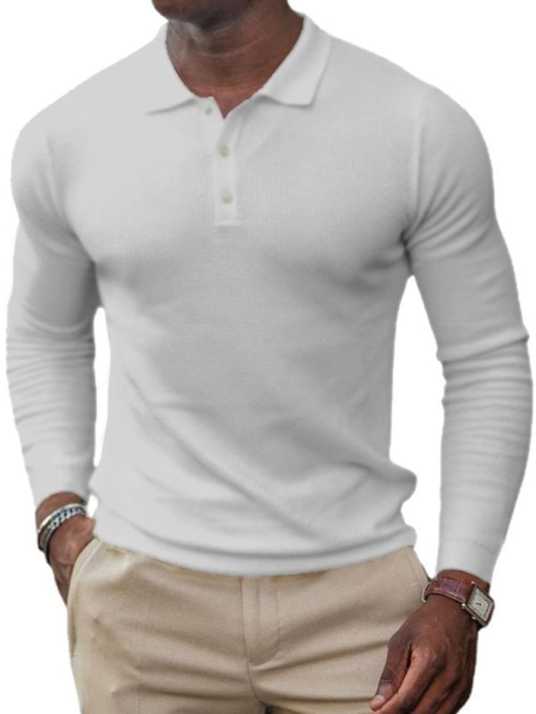 Men's solid-color button-down long-sleeve polo shirt