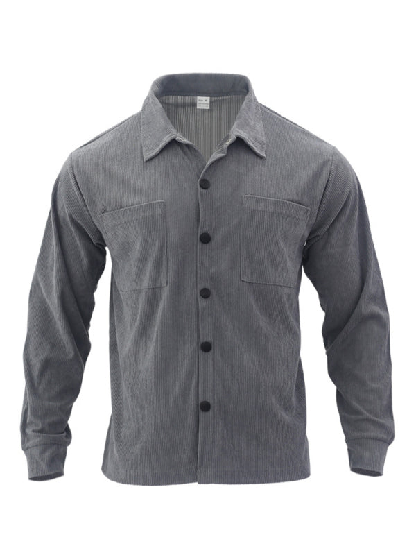 Men's new casual multi-pocket solid color corduroy button-down shirt