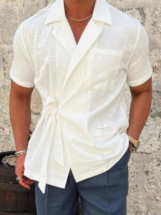 Men's solid color suit lace lace short -sleeved shirt