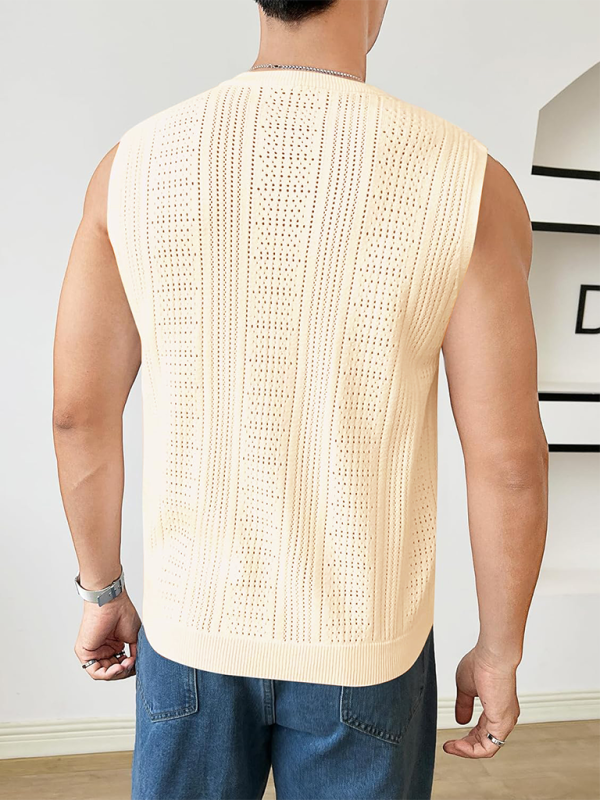 Men's new solid color sweater fashionable sleeveless top hollow breathable round neck casual vest