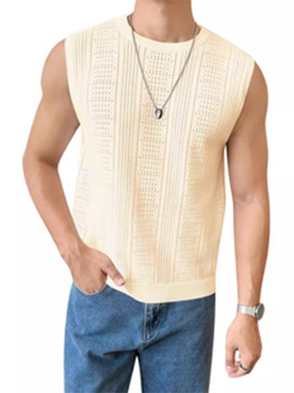 Men's new solid color sweater fashionable sleeveless top hollow breathable round neck casual vest