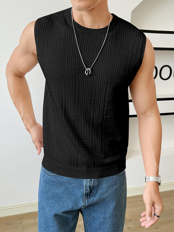 Men's new solid color sweater fashionable sleeveless top hollow breathable round neck casual vest