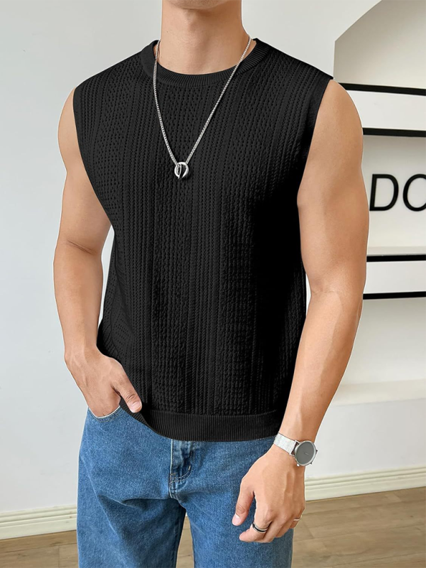 Men's new solid color sweater fashionable sleeveless top hollow breathable round neck casual vest