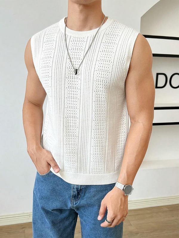 Men's new solid color sweater fashionable sleeveless top hollow breathable round neck casual vest