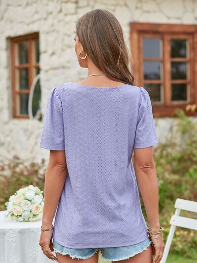 Eyelet Square Neck Short Sleeve Blouse