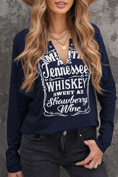 Letter Graphic Notched Long Sleeve T-Shirt