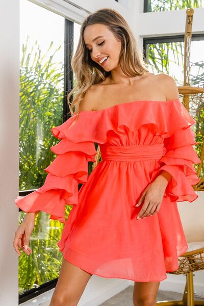 BiBi Off Shoulder Layered Long Sleeve Ruched Dress