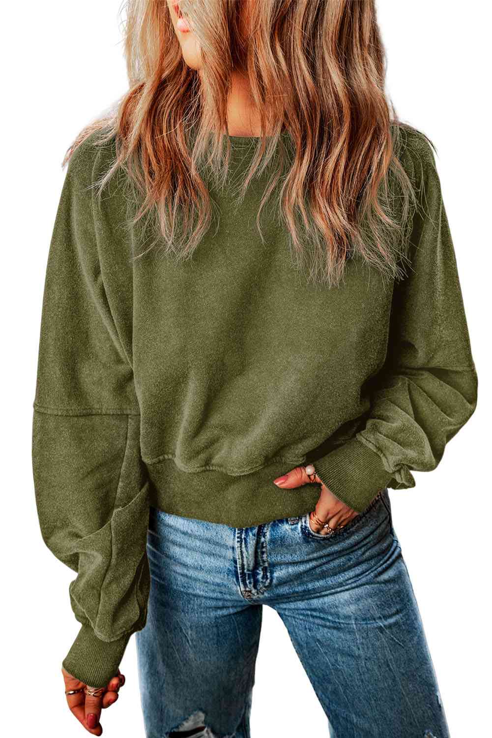 Double Take Round Neck Open Back Sweatshirt